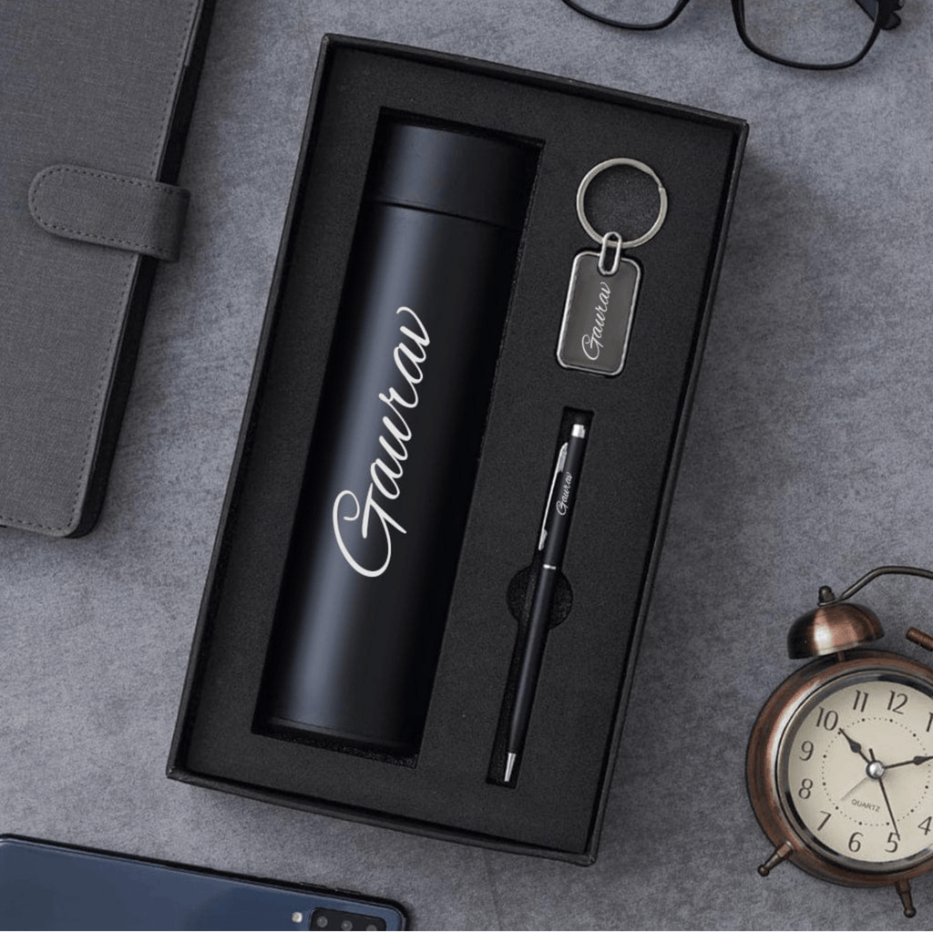 Personalized Gift Set - 3 - in - 1 Stainless Steel Water Bottle, Metal Key Chain & LED Pen