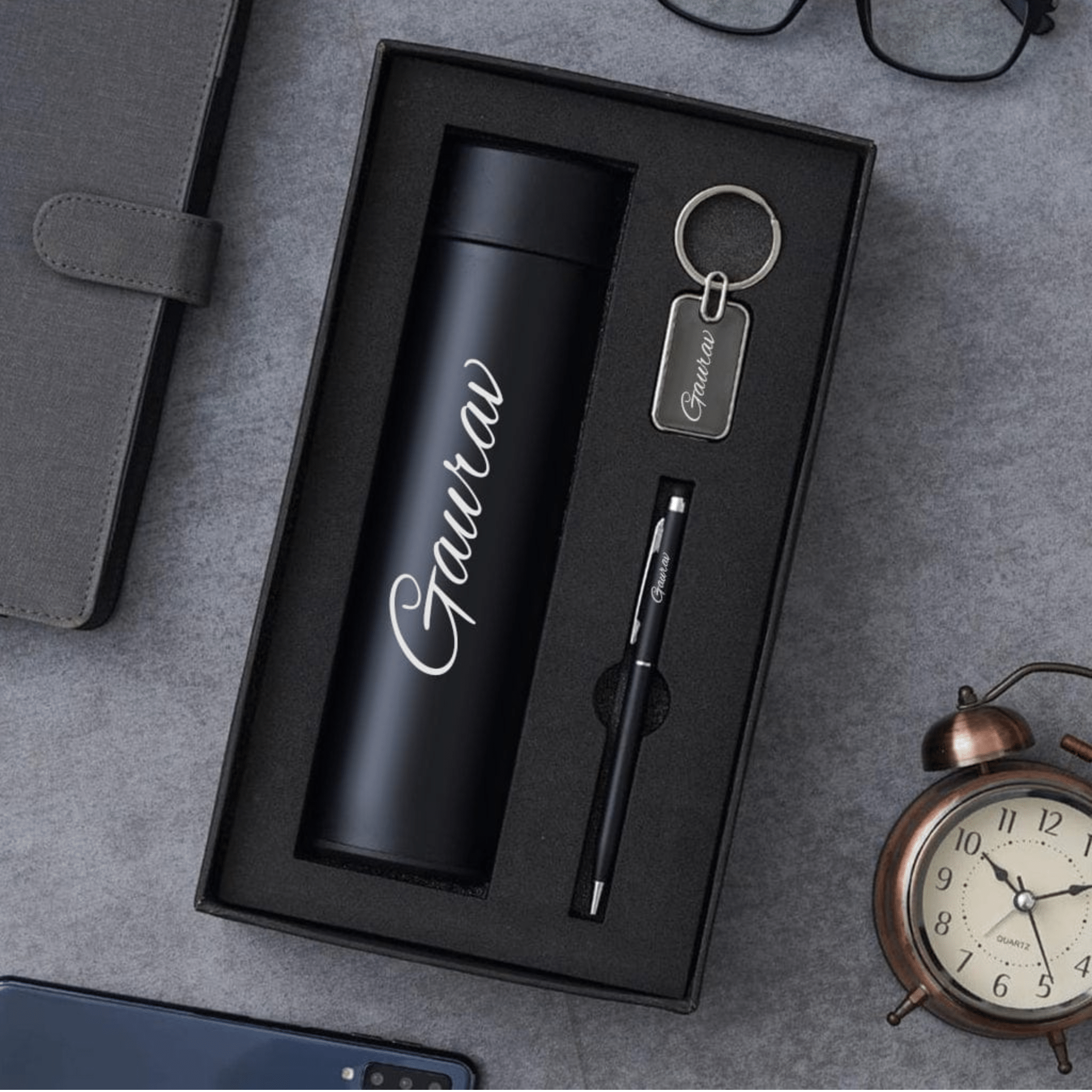 Personalized Gift Set - 3 - in - 1 Stainless Steel Water Bottle, Metal Key Chain & LED Pen