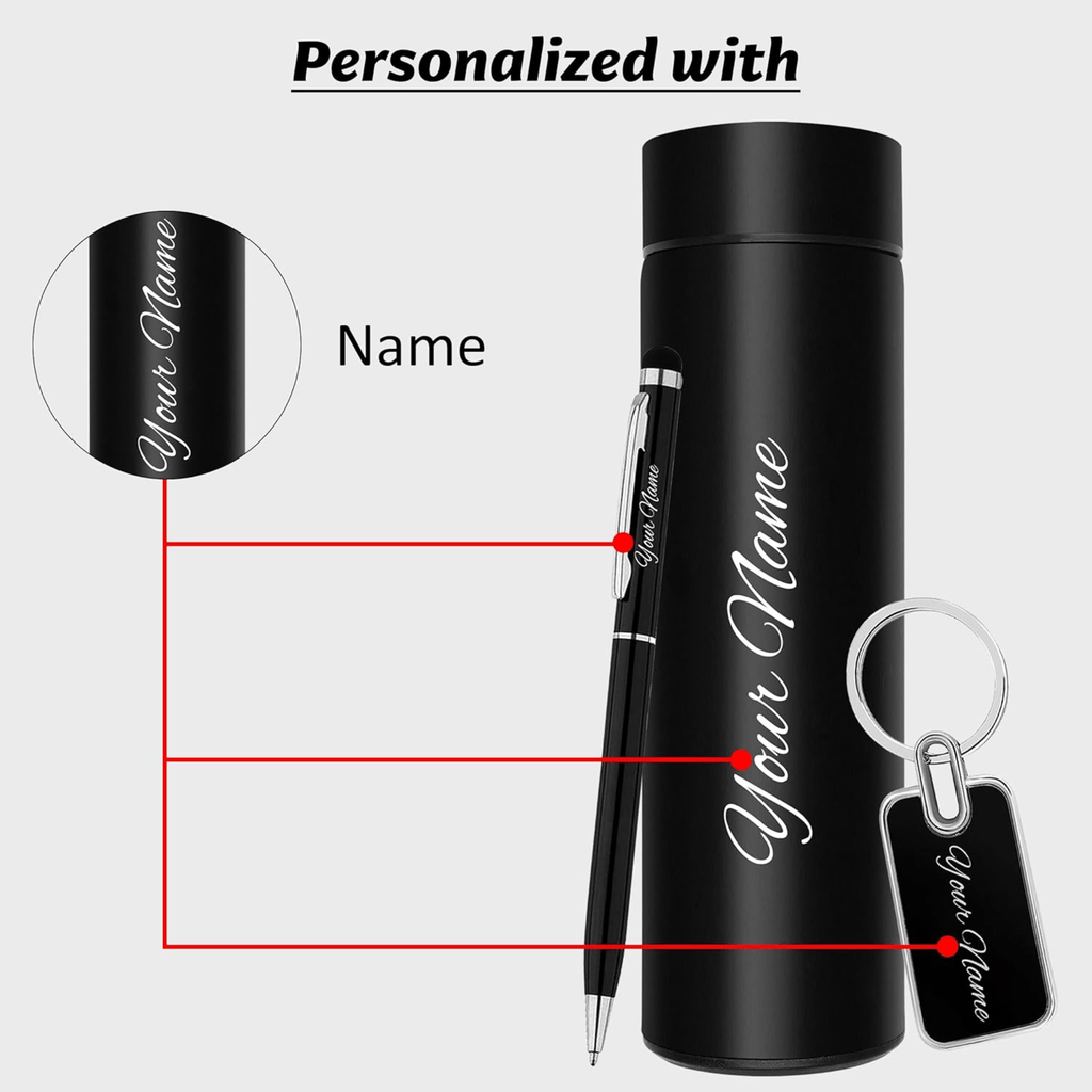 Personalized Gift Set - 3 - in - 1 Stainless Steel Water Bottle, Metal Key Chain & LED Pen
