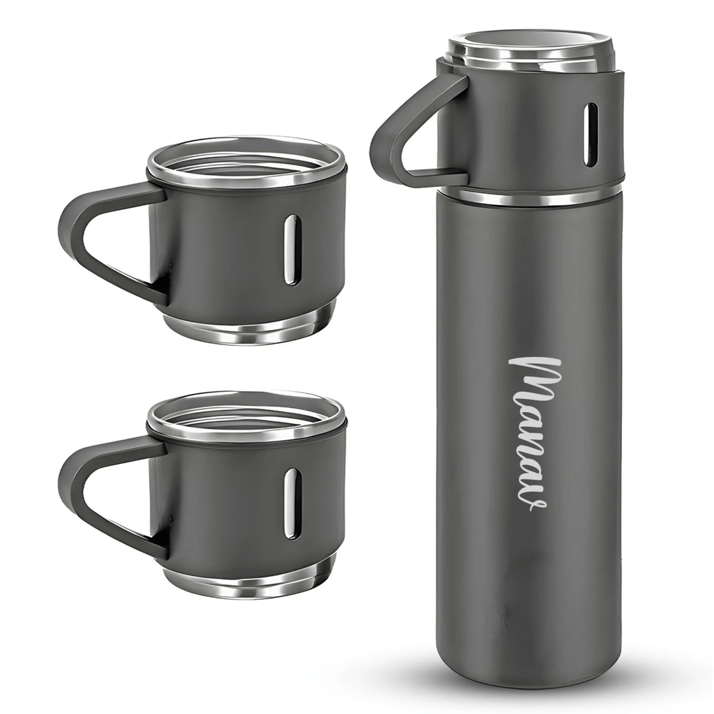 Personalized Stainless Steel Water Bottle Vacuum Flask Set with 3 Steel Cups Combo