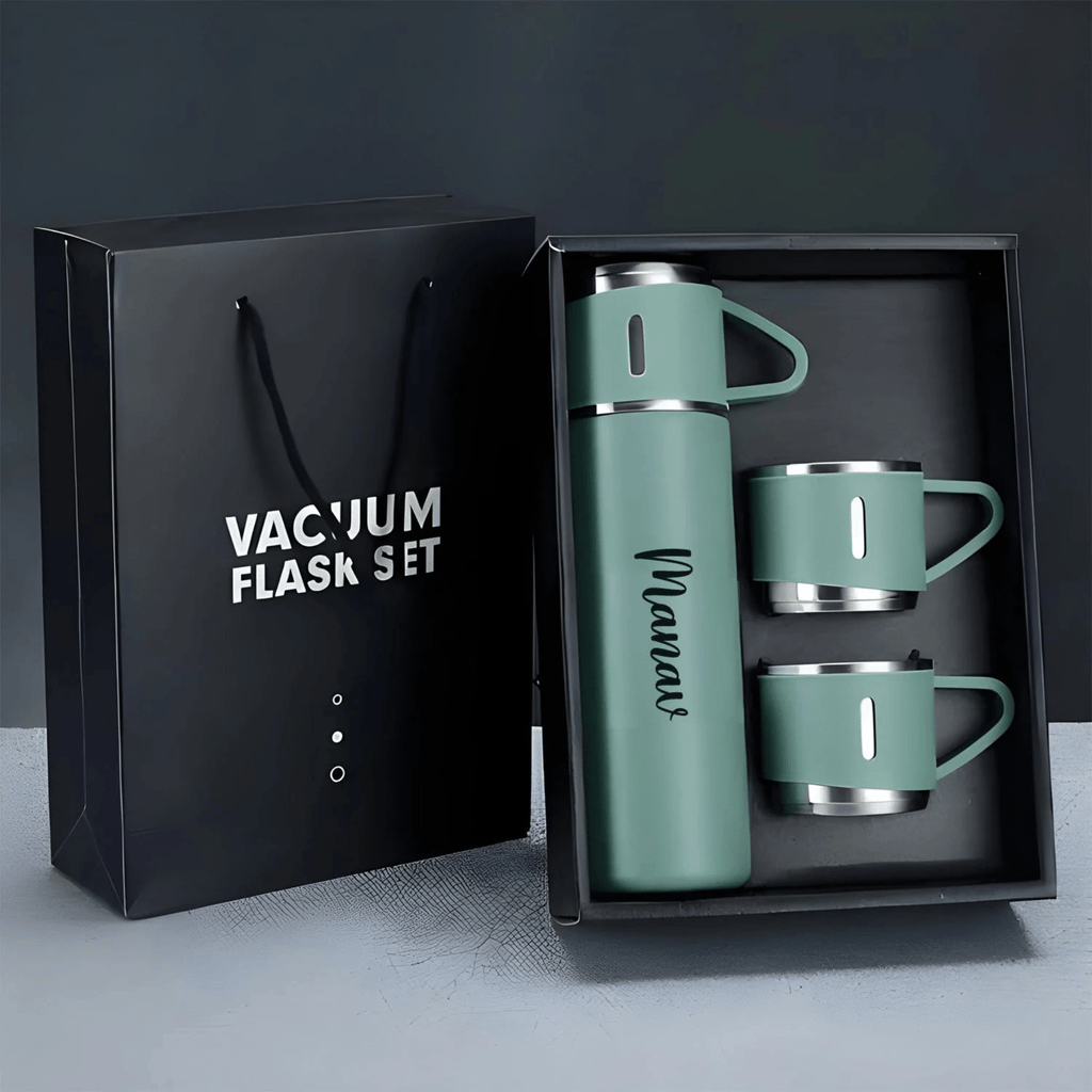 Personalized Stainless Steel Water Bottle Vacuum Flask Set with 3 Steel Cups Combo