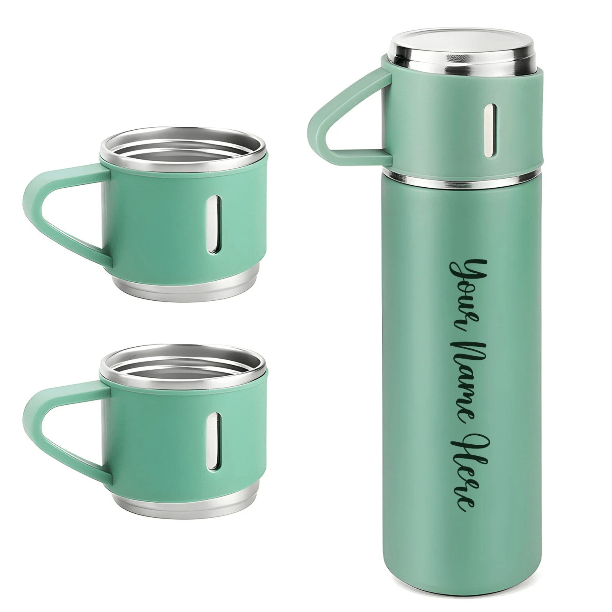 Personalized Stainless Steel Water Bottle Vacuum Flask Set with 3 Steel Cups Combo