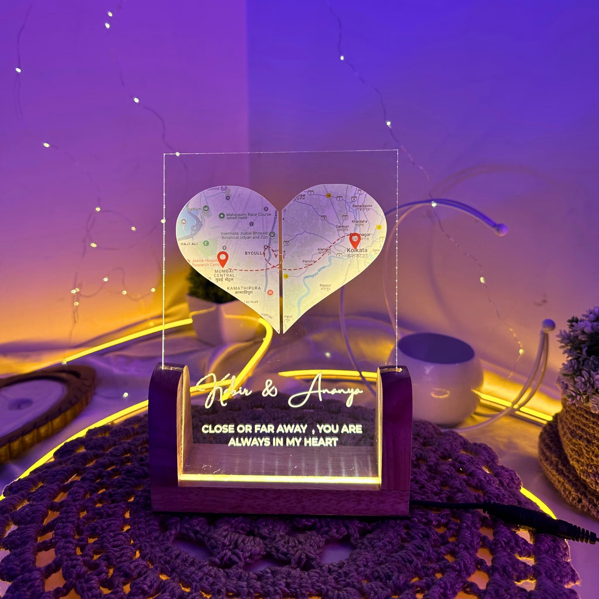 Personalized Heart Map Print Long Distance Night Light